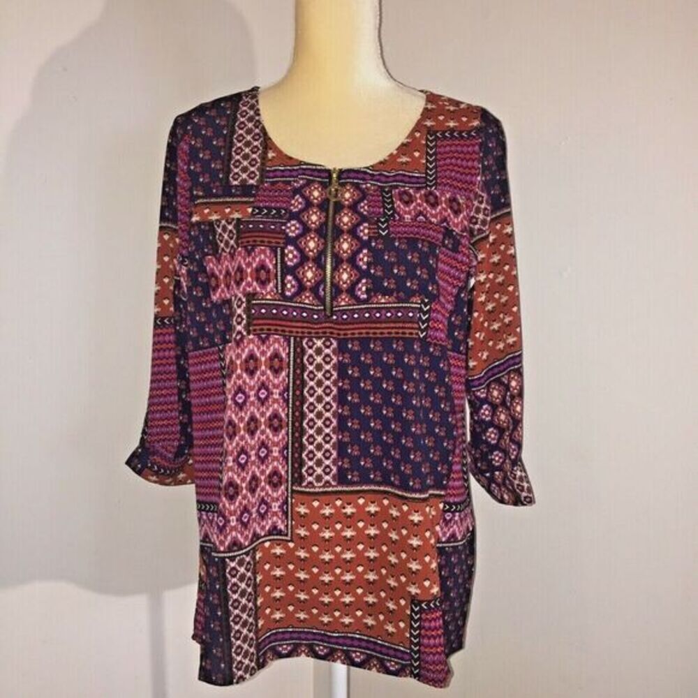 Cathy Daniels Company Women's Blouse Tunic Size S 3/4 Roll Tab Sleeve Multicolor